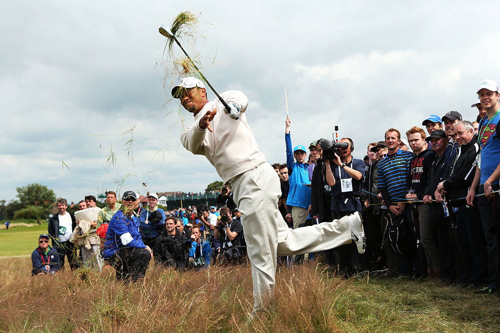 Tiger Woods escapes from some thick rough at Royal Lytham & St Annes